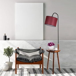 Opviq Lámpara de Pie con Mesa de Madera, Nogal y Rojo Burdeos